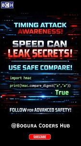 Hackers Steal Secrets Using SPEED?! 😱 Fix Timing Attacks in Python |Timing Attack | Learn Python Speed isn’t always safe ⚠️ Hackers can exploit tiny timing differences to guess passwords, tokens, and API keys. In this Short, you’ll learn how to block Timing Attacks using Python’s secure comparison method: ✅ Prevent secret leaks ✅ Use constant-time comparison ✅ Write safer authentication code If you care about real-world security, this one line matters 👇 Follow for more advanced coding safety t