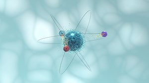 Motion of atom spheres with blue organic background, 3d rendering.