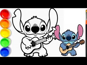How to draw Stitch Playing Guitar | Stitch and Lilo Coloring Pages