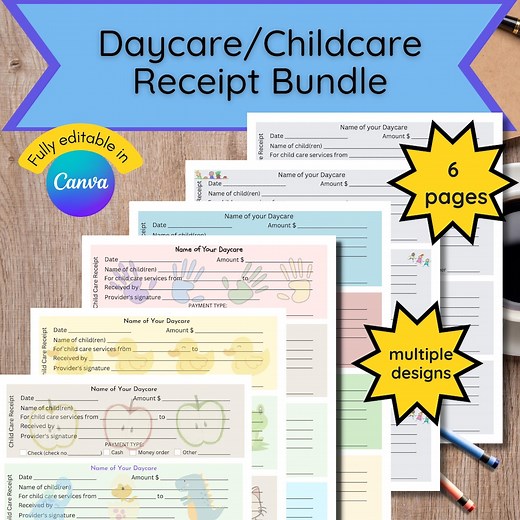 Editable Daycare Receipt Bundle: 6 Pages of Designs (canva Template), Daycare Provider, Daycare Forms, in Home Daycare, Daycare Payment - Etsy