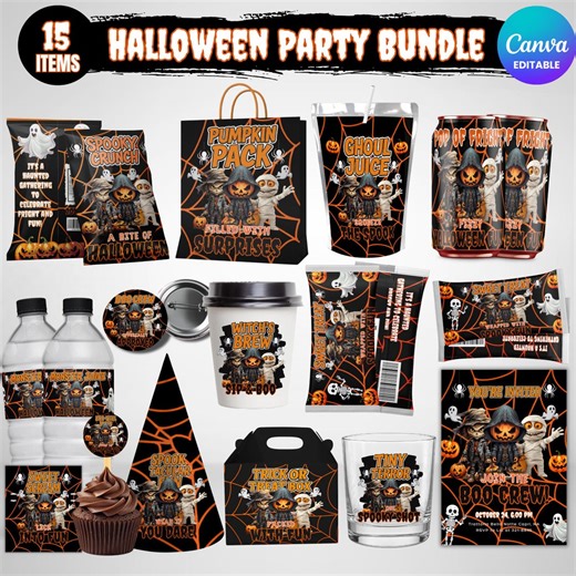 Halloween Party Bundle, 15 Halloween Party Decor Templates, Halloween Birthday Favor, Chip Bag, Cake Topper, Water Bottle Labels, Gift Tag - Etsy