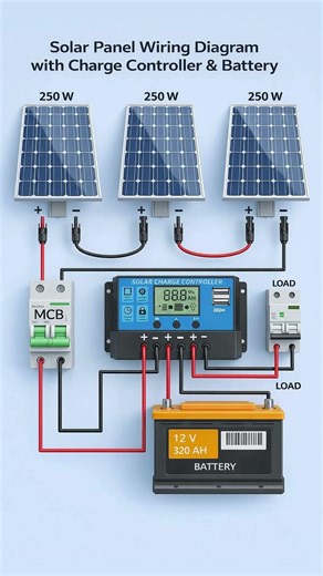 solar panel wiring diagram with charge controller & battery #project #viral #electrcal #electrical #
