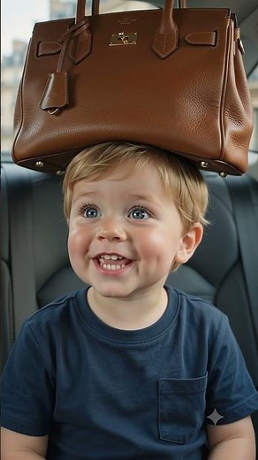 Baby wearing a purse as a hat