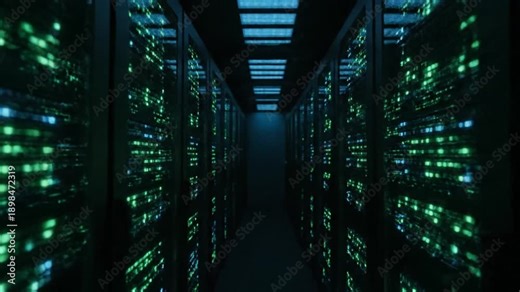 Moving through corridor of black server racks with blinking green and blue LED lights in data center