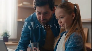 Caucasian father help online task internet homework little girl pupil school child daughter together e-learning studying knowledge distant education study learning using computer laptop at kitchen