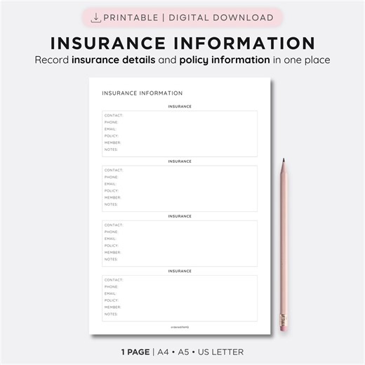 Insurance Information Sheet Printable PDF Insurance Tracker Policy Tracker Home Records Planner Insurance Log | A4 A5 US Letter - Etsy UK