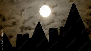 Nubian Pyramids of Meroe by Night, Time Lapse with Dark Atmosphere, Fog, Smoke, and Full Moon, Sudan