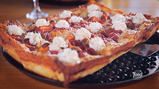 Looking at that caramelized cheese crust and those dollops of ricotta, how can you not be drooling?! 🤤🍕 Find it at Blue Pan Pizza! Watch #DDD with Guy Fieri Fridays at 9|8c and subscribe to discovery to stream more episodes: https://links.discoveryplus.com/8PdU8Apaygb. #discoveryplus Get the recipe: https://foodtv.com/3VDd5j6 | Food Network