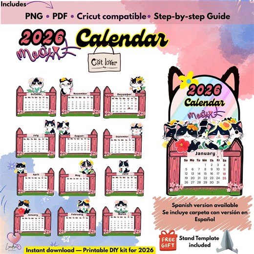 Printable 2026 Cat Calendar – Cute Kawaii Desk Calendar PDF, Digital Download - Etsy
