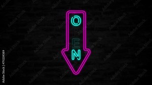 Flashing neon business OPEN sign, Neon open sign animation on texture wall background. Open sign seamless looping. with arroe Neon Sign Open. illuminated ad in loop. 4k Video