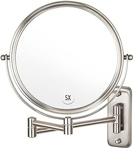 Wall Mounted Makeup Mirror, 1X/5X Magnifying Mirror Double Sided, 8 Inch Extendable Bathroom Mirror for Shaving, Nickel