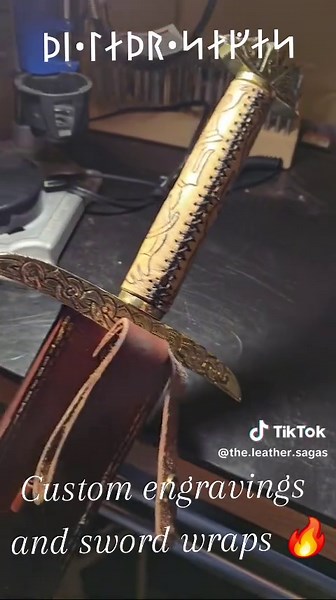 Up close ane personal with custom sword mods. Runes and art for dayyyys 😍😍😍 Ship me your weapons and I'll do the same 💪 #theleathersagas #fyp #viral #leather #leatherwork #sword #renfaire #custom #engraving