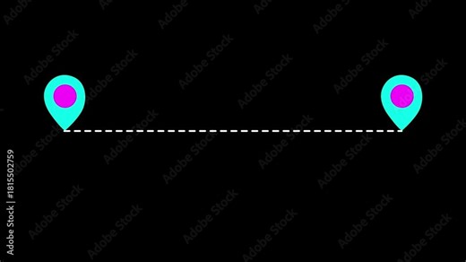 Measuring distance length dotted line animation with two location marker pin icon and radio waves. GPS location pointer animated and locator icon. destination, path, and route icon showing map
