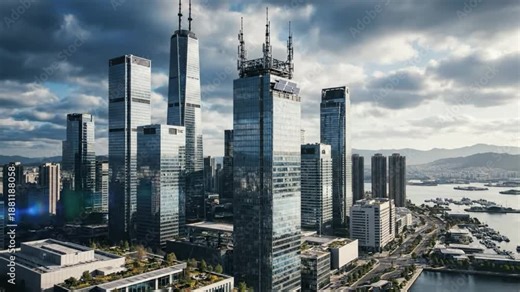 Futuristic high-rise city with modern architecture reflecting progress, innovation and urban growth on a waterfront