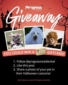 Costumes pets = cuteness overload 🎃 Our annual Pet Halloween Costume Contest is back & we want to see your furry friends dressed to impress! Enter now at the link in the comments for a chance to win one of FIVE $200 gift cards. 🐶😺 NO PURCHASE NECESSARY. Void where prohibited and outside US. Must be a legal resident of 50 US DC and 18 (19 in AL and NE, 21 in MS) at entry. Click the link in our bio for official rules. Entry must be submitted by 11:59pm PT on 10/23/2025 | Progress Residential