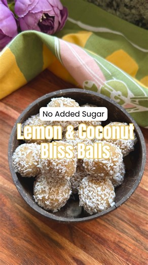 Lemon Coconut Bliss Balls 🍋🥥 My kids love these, they are quick to make, no baking, naturally sweet, and they are packed with healthy fats, fibre, and plant based protein to keep you energised and satisfied. Perfect for on the go, afternoon snacks, or just a yummy treat with a cuppa! Ingredients: 140g raw cashews 85g desiccated coconut (extra for rolling) The juice and zest of 1 lemon 10 pitted dates, soaked for 10 minutes 40 ml coconut oil 1 tsp freshly grated ginger or powdered Method: Blitz