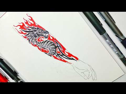 How to Draw an Aggressive Tribal Dragon | Red & Black Ink Art Tutorial