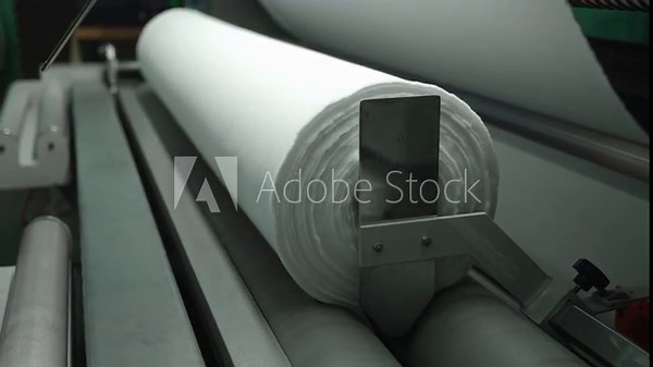 Textile Fabric Roll in Production Process. Concept of Textile Manufacturing. Detailed view of fabric roll in industrial textile machine.
