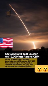 🚀 BREAKING: U.S. TEST-LAUNCHES 12,000 KM-RANGE ICBM 💣🇺🇸 The U.S. Air Force Global Strike Command has successfully launched an unarmed Minuteman III GT-254 ICBM from Vandenberg Space Force Base to the Marshall Islands, covering 12,000 km. The test, conducted on Nov 5, 2025, aims to validate the missile’s reliability, accuracy, and airborne launch control systems amid rising global tensions. 🌍⚡ #BreakingNews #USMilitary #ICBM #DefenseNews #WorldAlert #USA #UK #Canada #Australia #Singapore #fb
