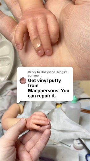 Replying to @DollysandThings I’m using vinyl putty to repair her finger like you suggested 🫶 #dollmaker #rebornartist #dollrestoration #beforeandafter #reborncommunity In this video I repair a vinyl reborn doll’s finger boo-boo using vinyl putty. Well, at least it’s a start! I’m sad she’s ruined, but not totally ruined hope is not lost!