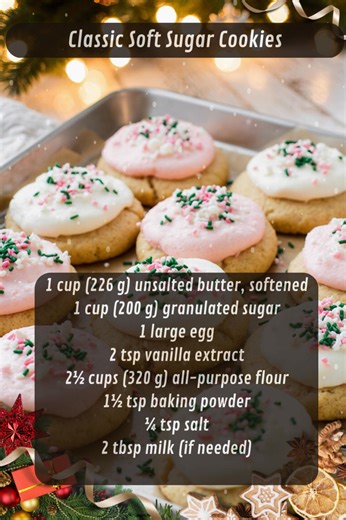 These Classic Soft Sugar Cookies are thick, fluffy, and melt-in-your-mouth delicious! Frosted with creamy icing and topped with festive sprinkles, they’re the perfect Christmas cookie everyone loves. 🎄🍪✨ Ideal for holiday parties, cookie exchanges, or decorating with kids! 👉 Explore more cozy Christmas baking ideas on SuperOldRecipes.com 👉 Get the Ultimate Christmas Recipe Bundle, Cooking Course, Cookie Book & Family Recipes — over 300 festive recipes, printables, guides & exclusive holiday 