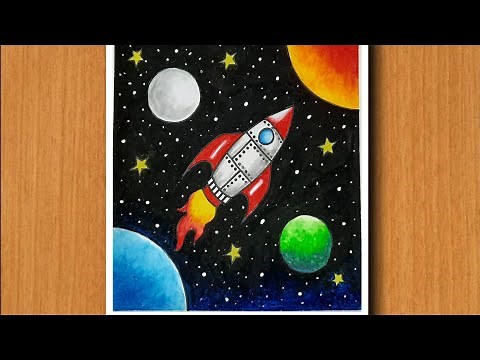 Rocket in space drawing for beginners with colours | Time Lapse tutorial