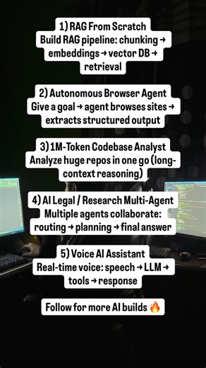 Adoptive.ai on Instagram: "5 Practical AI Projects to Build (2026) 1️⃣ RAG From Scratch Build Retrieval-Augmented Generation from first principles — no magic. Learn chunking, embeddings, vector stores, and retrieval (production-style). Repo: langchain-ai/rag-from-scratch ⸻ 2️⃣ Autonomous Browser Agent Turn any website into an API. Natural language goal → plan → browser actions → structured output. Repo: shubcodes/fireworksai-browseruse ⸻ 3️⃣ 1M-Token Codebase Analyst Analyze massive codebases in