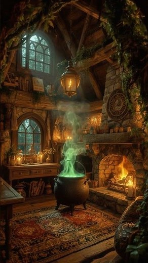Cozy Witch Cottage Ambience with Bubbling Cauldron, Fireplace and Rain Sounds