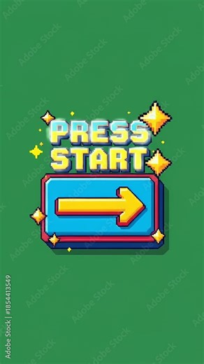Pixel Art Press Start Button Animation with Yellow Arrow and Sparkling Lights