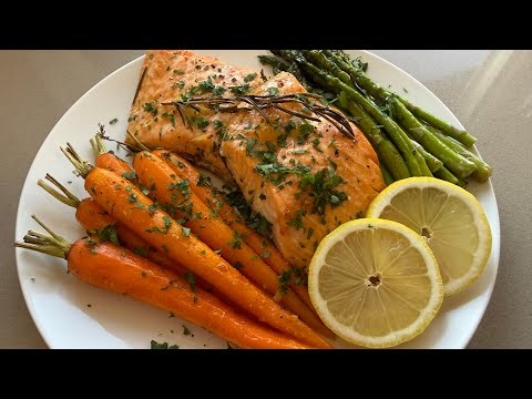 Garlic Herb Baked Salmon with Asparagus and Baby Carrots