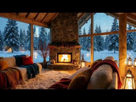 Cozy Winter Cabin Fireplace Jazz Ambience for Relaxing Nights with Snowfall and Warm Atmosphere