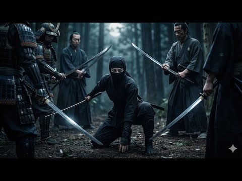 The masked female ninja fights alone against numerous samurai