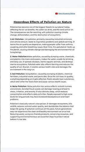 Hazardous Effects of Pollution on Nature || Article || Essay