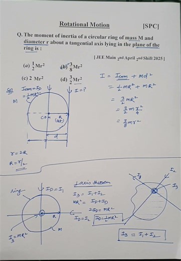 JEE Main 2025 2 April Shift 2 Rotational Motion PYQs | The moment of inertia of a circular ring of