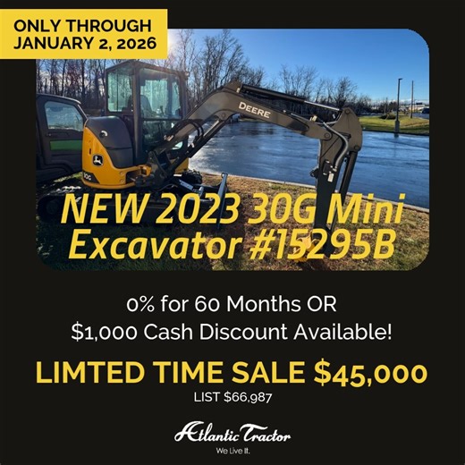Limited-Time Deal! New John Deere 30G Mini Excavator on sale now through January 2. https://www.atlantictractor.net/get-a-price-quote-md-de-pa--xget_quote | Atlantic Tractor