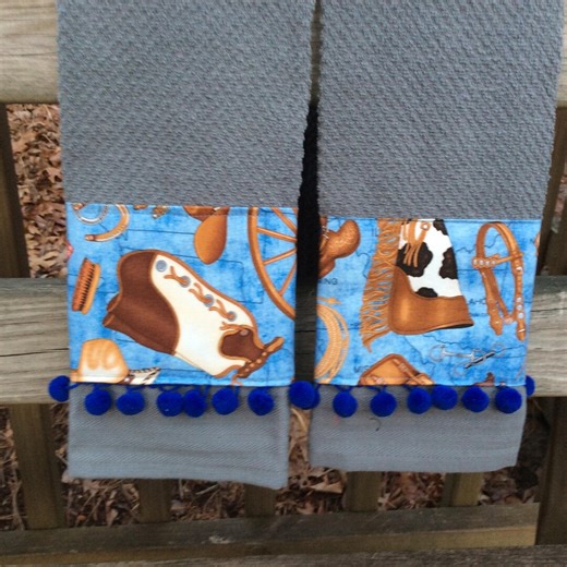 Handmade Western Kitchen Towels: Horse Ranch Decor, Pom Poms (set of 2) - Etsy