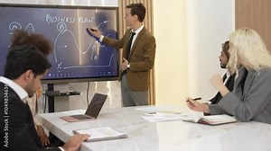 Presentation in ornamented meeting room with business professionals attending to project development drafting plan. Conference meeting with CEO present plan for investor and colleague with new project