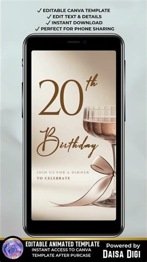 Elegant 20th Birthday Invitation Video | Canva Animated Party Invite