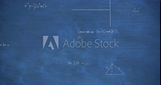 Animation of mathematical equations, formulas and diagrams against blue chalkboard background