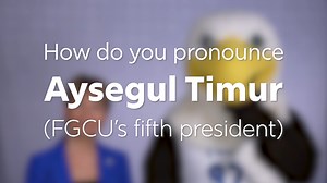 How do you pronounce Aysegul Timur? The president herself (with guest star Azul the Eagle) is here to help! 🦅💚💙 #FGCU #President #SWFL | Florida Gulf Coast University