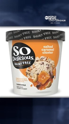 ABC World News Tonight on Instagram: "Danone is voluntarily recalling pints of its “So Delicious Dairy Free Salted Caramel Cluster” ice cream. The pints may contain foreign objects such as small stones. @davidmuirabc reports on the nationwide recall."