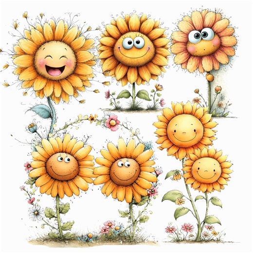 Cartoon Sunflower Summer Clipart: Floral Graphics - Transparent Background (digital Download - 25 Pngs) - Etsy