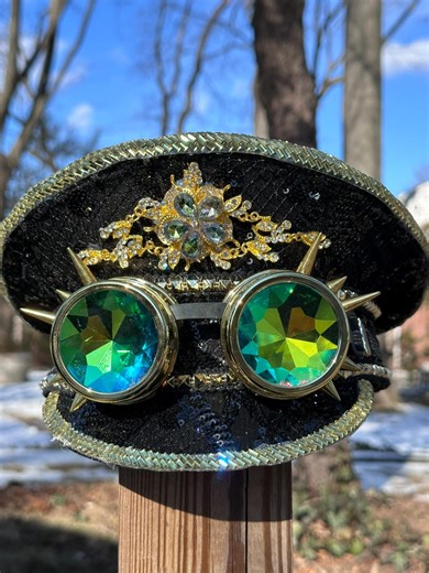 Steampunk Festival Hat: Gold & Black Rave Captain Cap With Spiked Goggles - Etsy