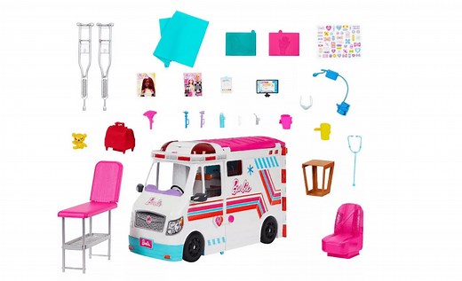 Barbie Emergency Vehicle Transforming Ambulance and Care Clinic with 20 Pieces