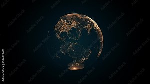 Animation of spinning golden Earth globe from flickering particulars on dark background, 4K seamless loop earth globe animation