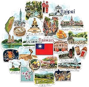 Navy Peony Timeless Taiwan Travel Stickers (28pcs)-Watercolor, Waterproof, Formosa Taiwanese-Themed Vacation Decals for Journals, Scrapbooks, Luggage