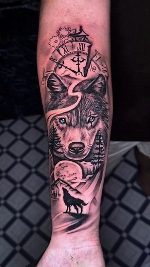 Tattoowala | The wolf is mid-motion, symbolizing freedom and strength, howling towards a crescent moon that reflects a starry night sky. The tattoo’s... | Instagram