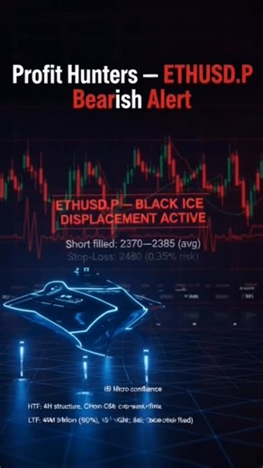 Profit Hunters ⚡ Live Trades on Instagram: "ETHUSD.P Short Activated: Entry 2370-2385 avg | SL 2480 (0.35% risk) | TP1 2320 (50% booked) | TP2 2270-2220 | RR 1:5.5 | HTF CHOCH + Bear Flag + Shooting Star | LTF FVG + VWP Pinbar + CVD Reset | Bear Flow 90% | Confluence 94/100 | ML Score 0.97 Institutional edge in play. #Crypto #Ethereum #Bitcoin #Cryptocurrency #trading"