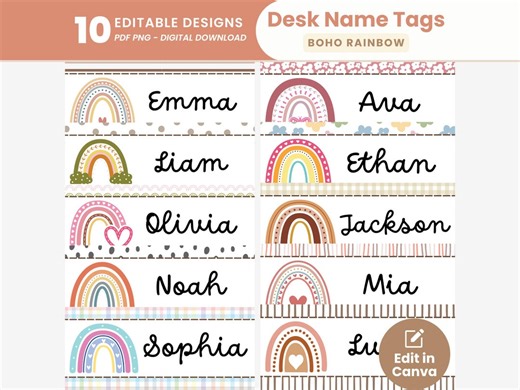 Boho Rainbow Desk Name Tags Editable Student Name Plates Pastel Boho Classroom Decor Printable Supplies Labels for Preschool and Elementary - Etsy