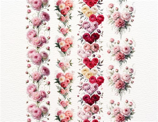 12 Floral Seamless Borders Clipart Roses & Peonies, Floral Hearts PNG Continuous Flower Borders, Transparent Background, Printable - Etsy